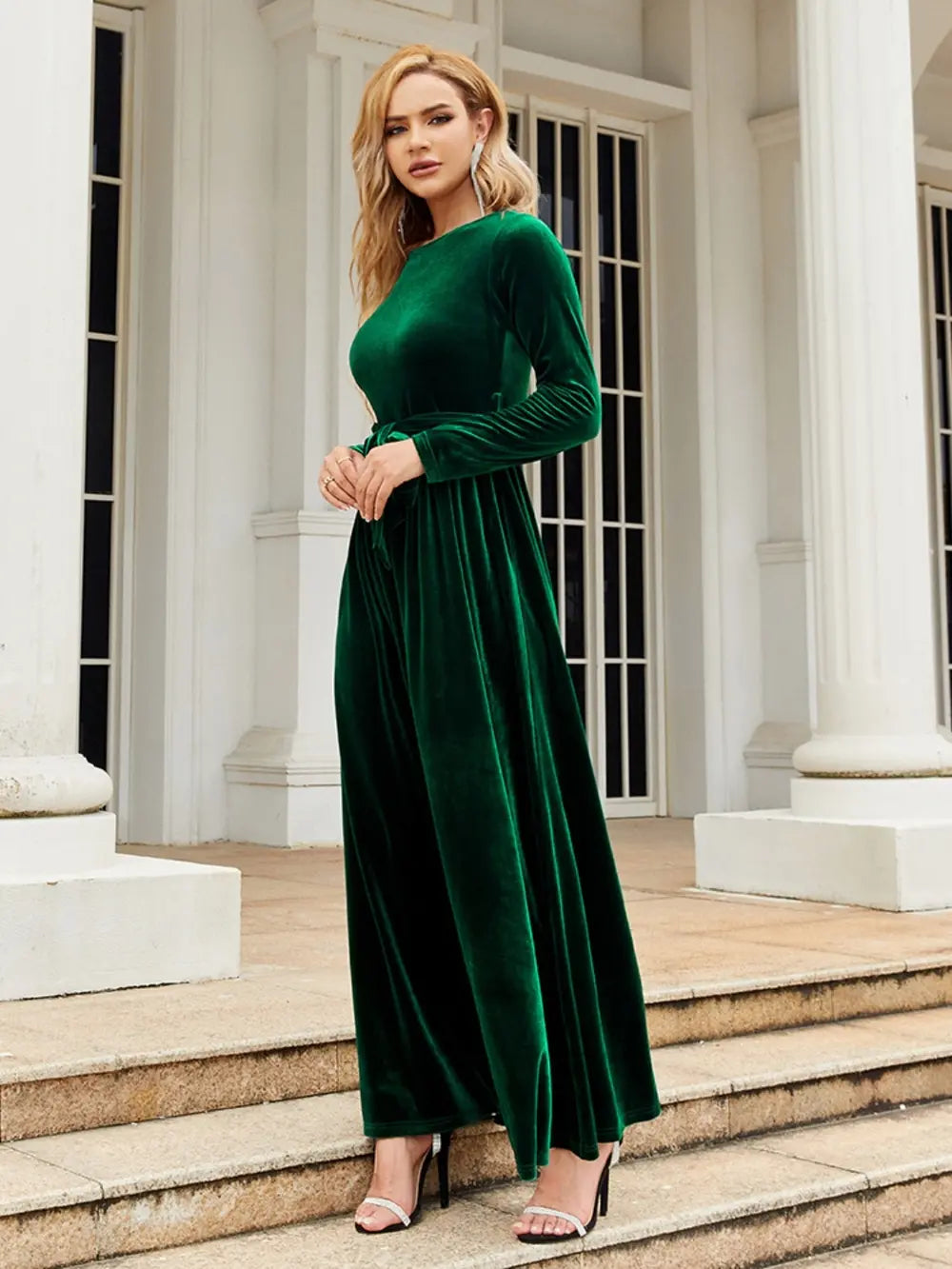 Tie Front Round Neck Long Sleeve Maxi Dress - product image 8