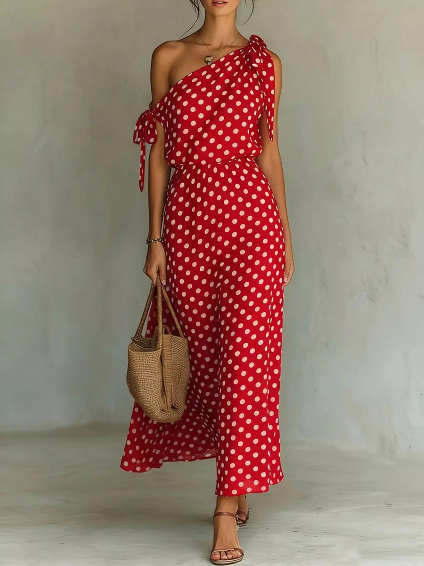 Full Size Polka Dot One-Shoulder Maxi Dress with Tie Details Plus Size - product image 6