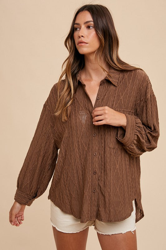 Annie Wear Openwork Button Down Drop Shoulder Shirt