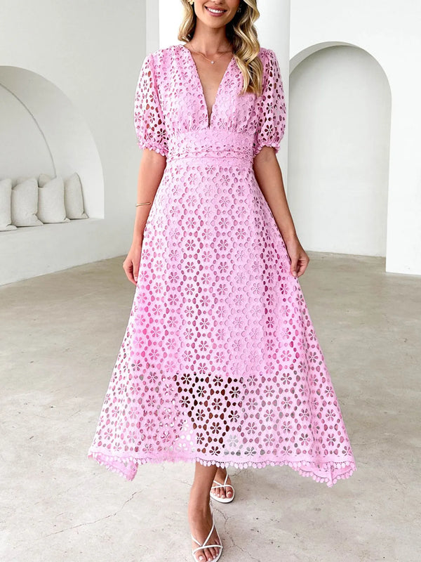 Eyelet Lace V-Neck Midi Dress with Puff Sleeves - product image 11