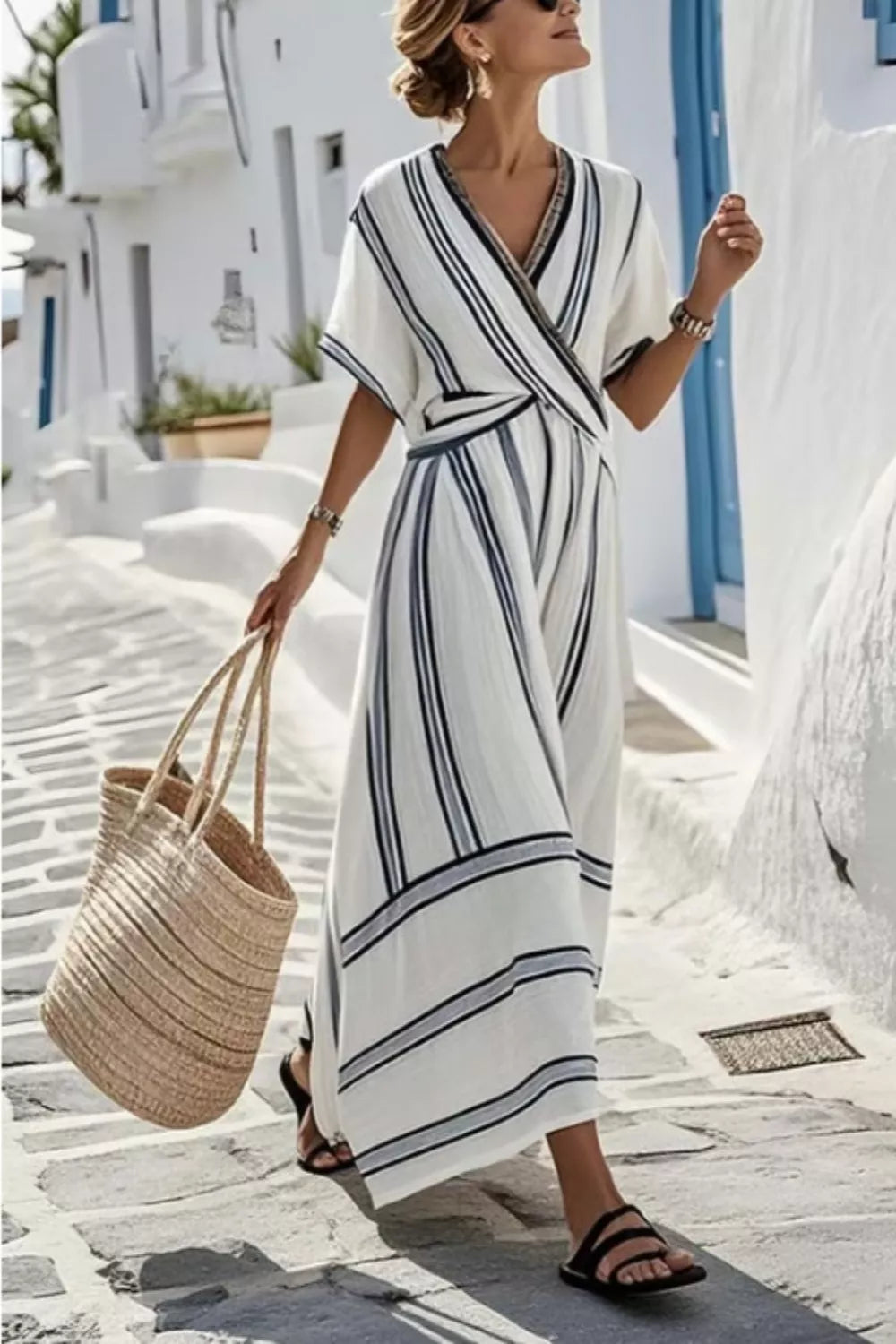Striped Wrap Half Sleeve Maxi Dress Main image