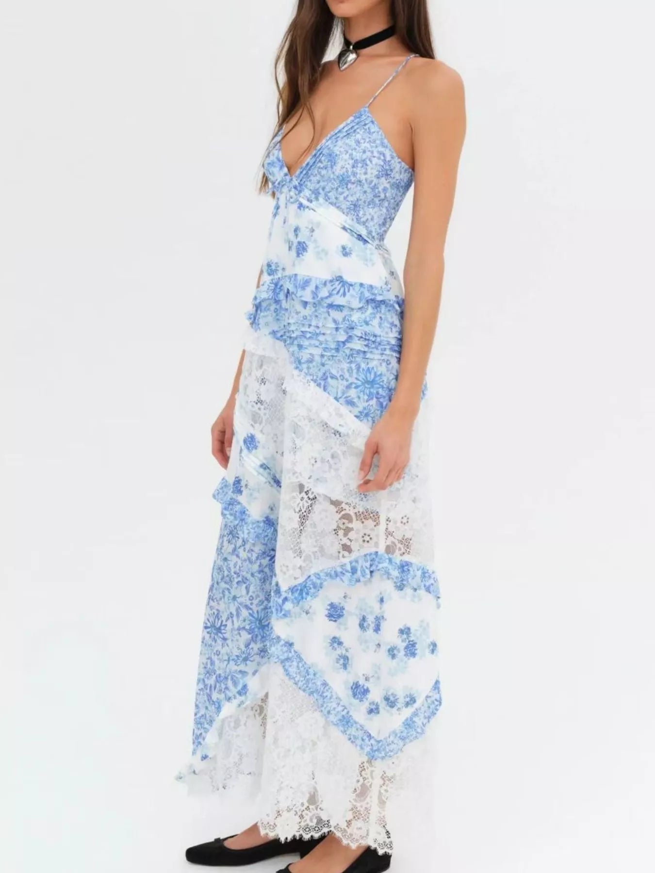 Lace Detail Ruffled Floral V-Neck Maxi Dress | Shopiebay Red / L Lace Detail Ruffled Floral V-Neck Maxi Dress | Shopiebay Red / L