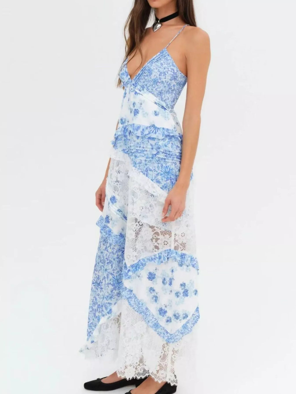 Lace Detail Ruffled Floral V-Neck Maxi Dress - product image 9
