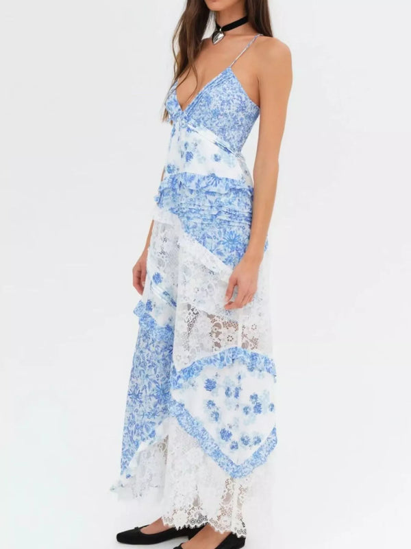 Lace Detail Ruffled Floral V-Neck Maxi Dress - product image 9