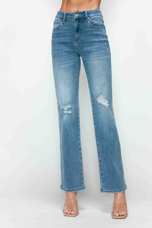 bytos Full Size Distressed High Rise Straight Jeans