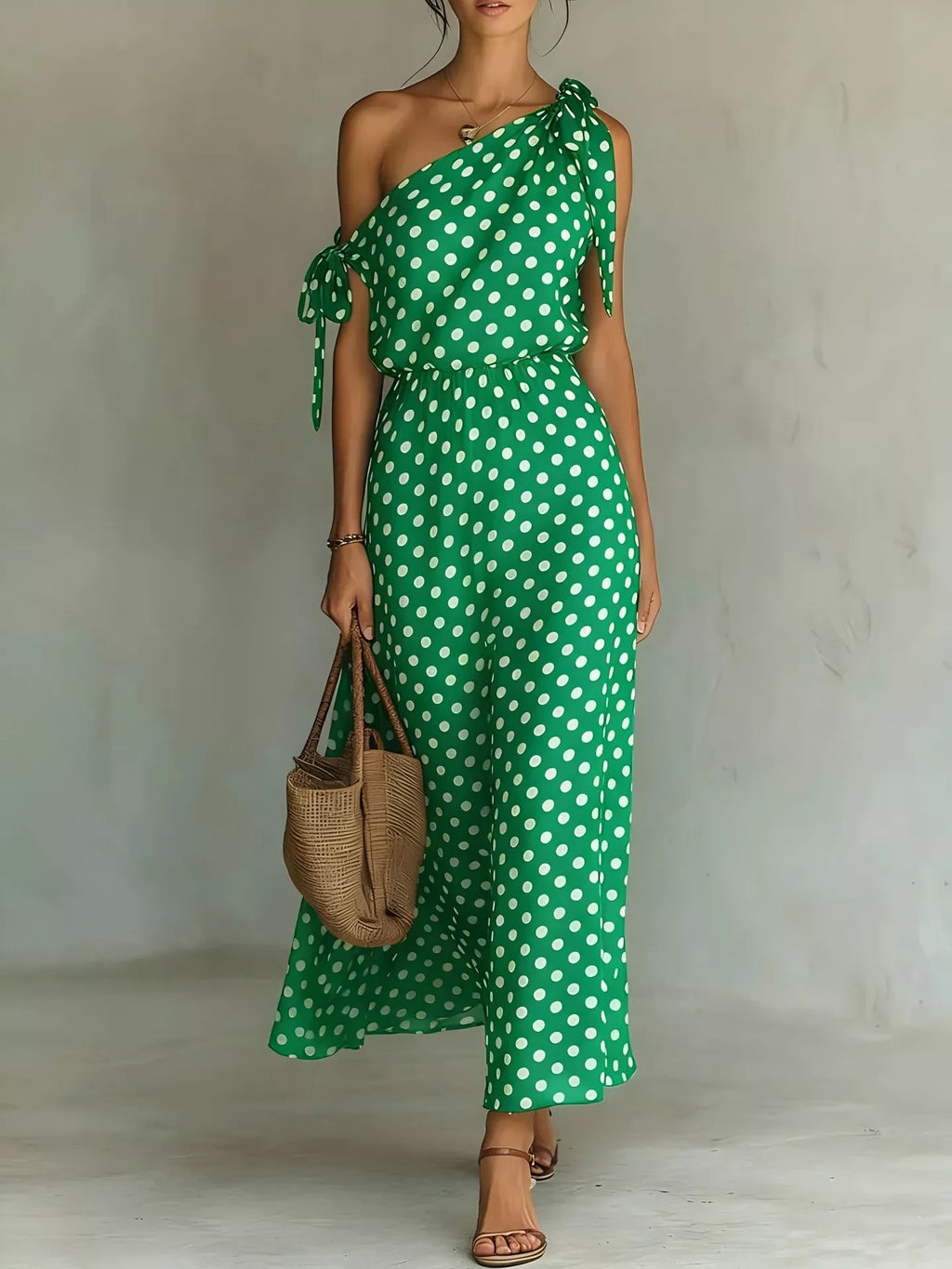 Full Size Polka Dot One-Shoulder Maxi Dress with Tie Details Plus Size - product image 5