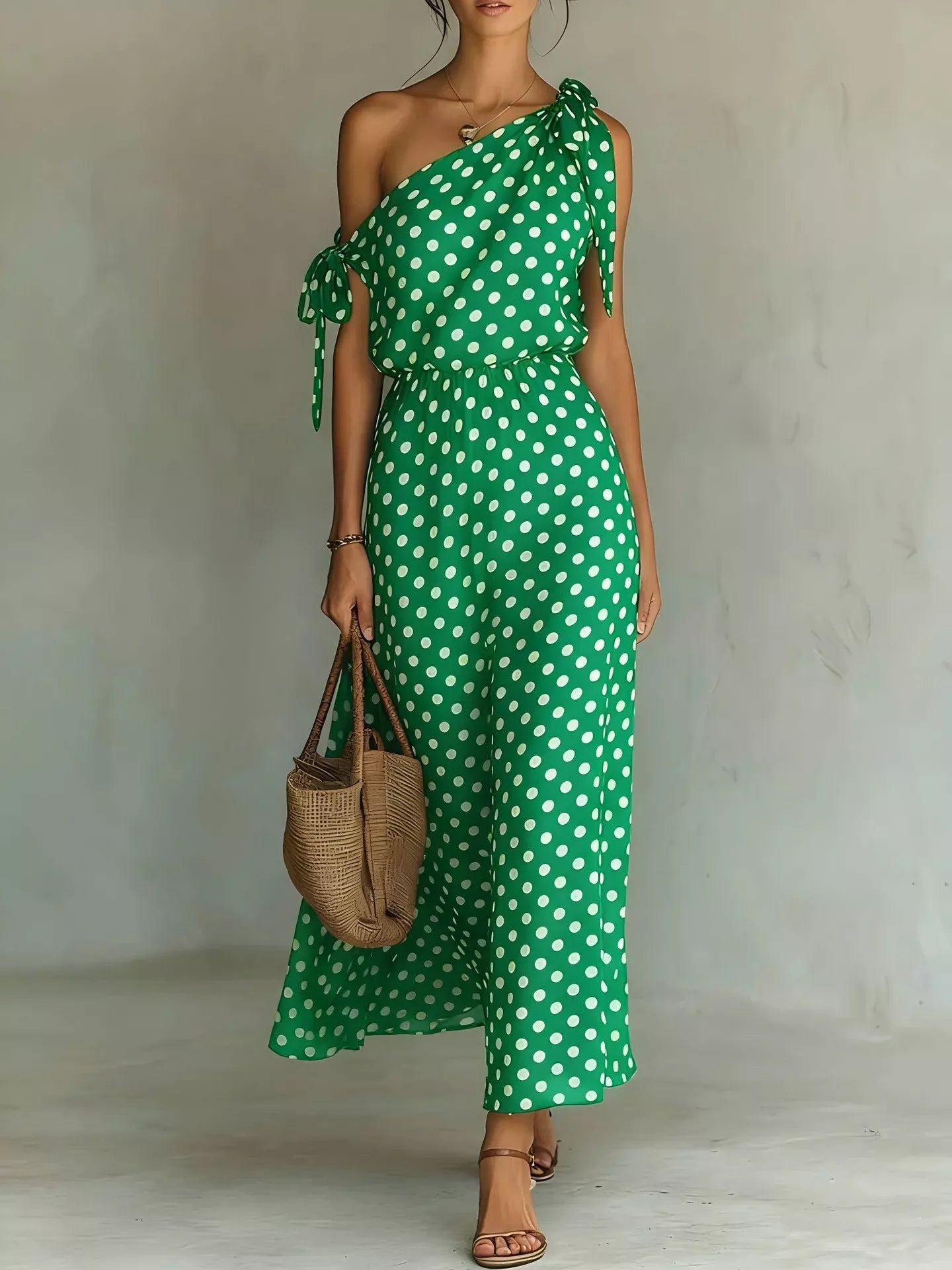 Full Size Polka Dot One-Shoulder Maxi Dress with Tie Details Plus Size - product image 5