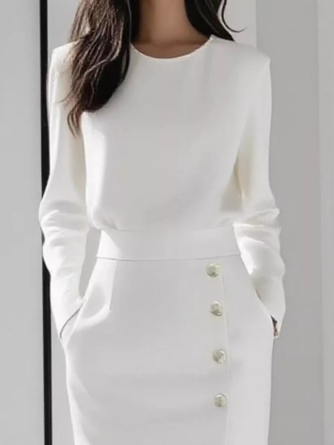 Long Sleeve Button Detail Midi Dress with Side Slit view 8 - Shopiebay