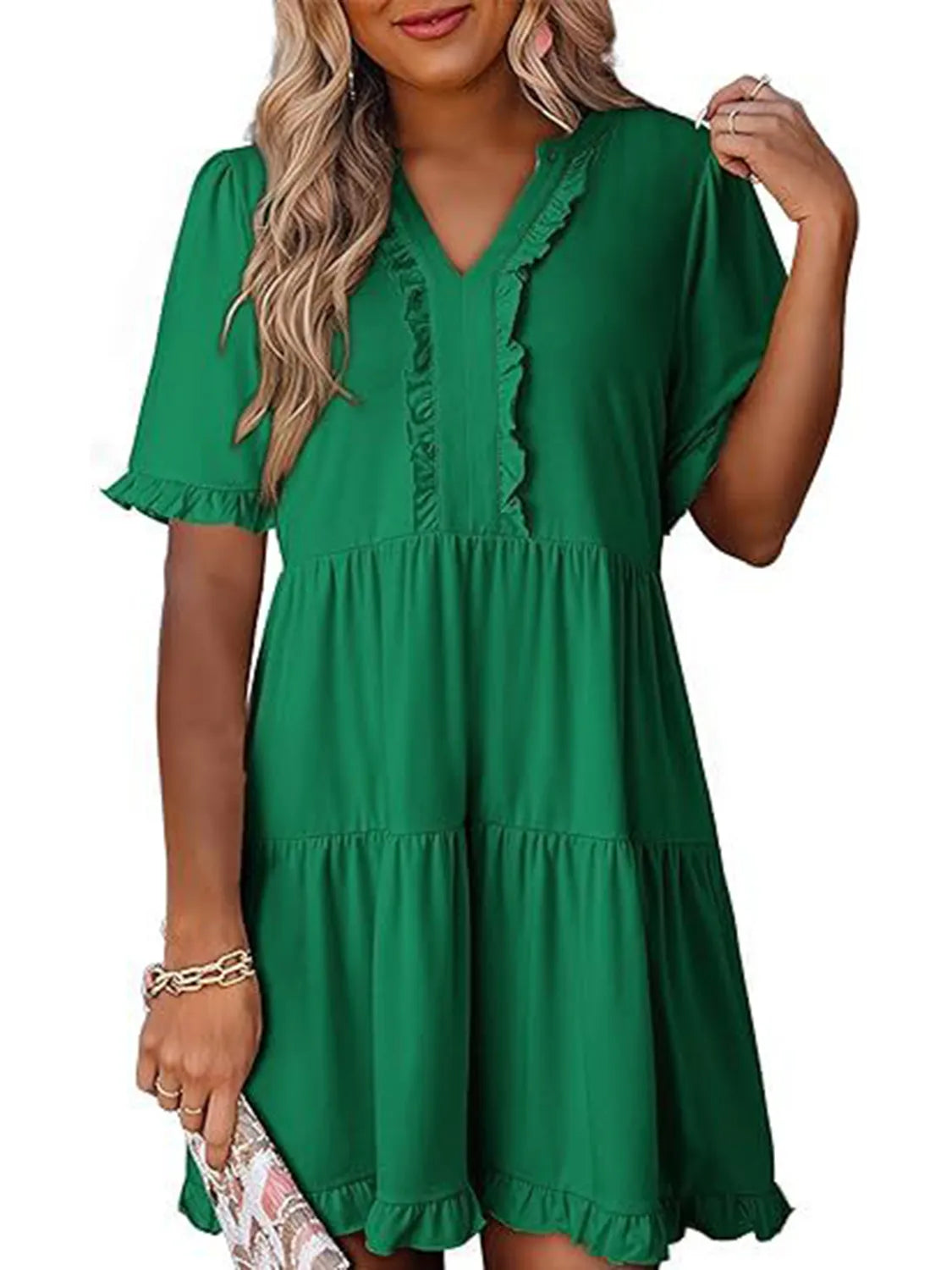 Tiered Notched Short Sleeve Mini Dress Main image