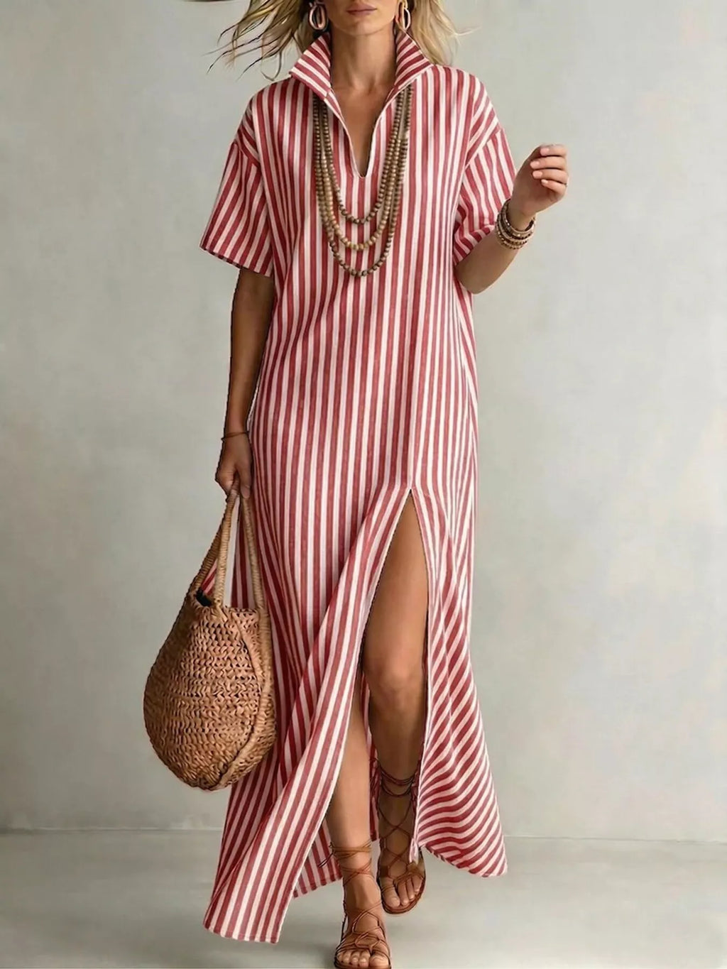 Striped High Slit Maxi Shirt Dress - product image 4