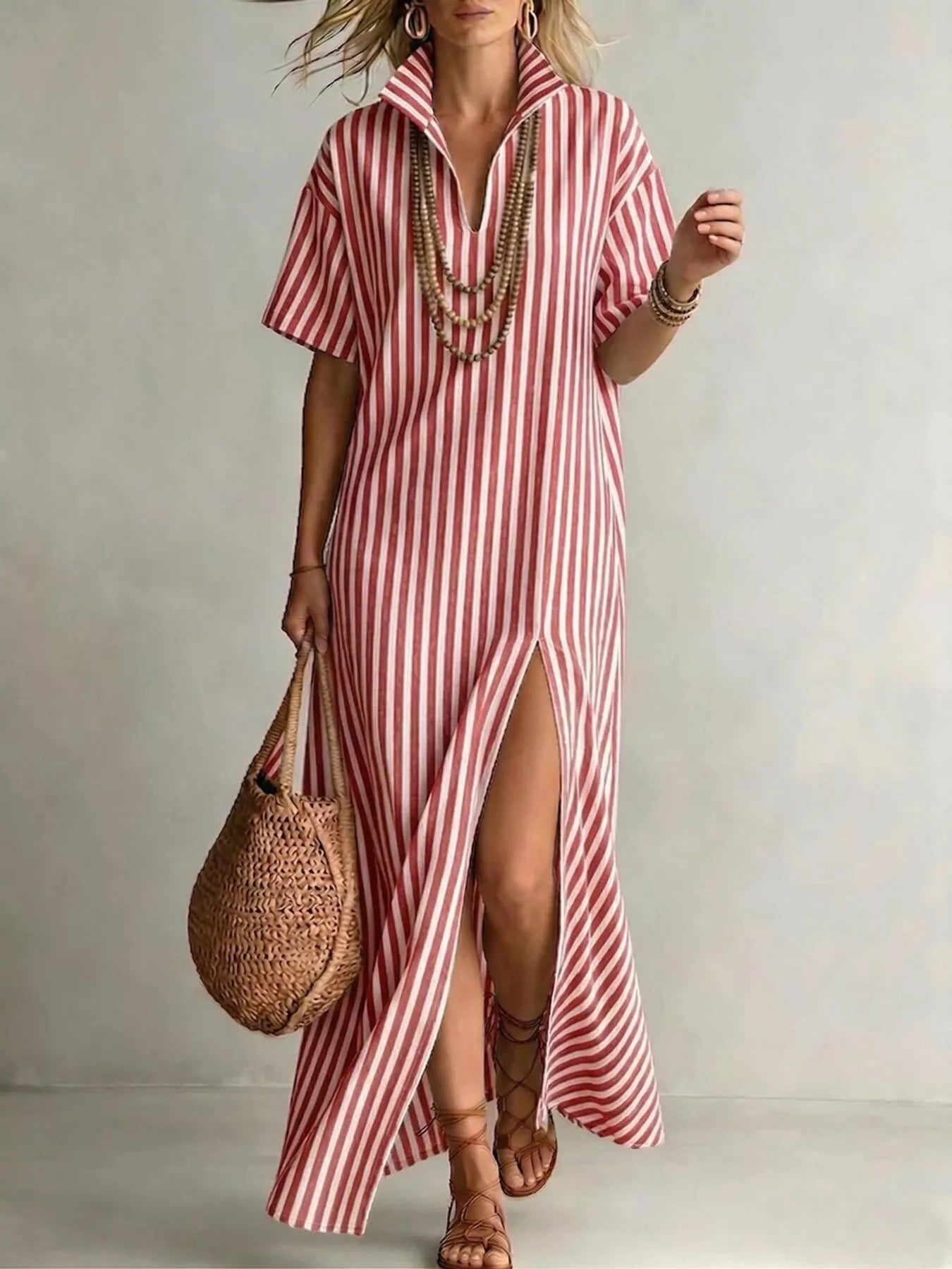 Striped High Slit Maxi Shirt Dress - product image 4