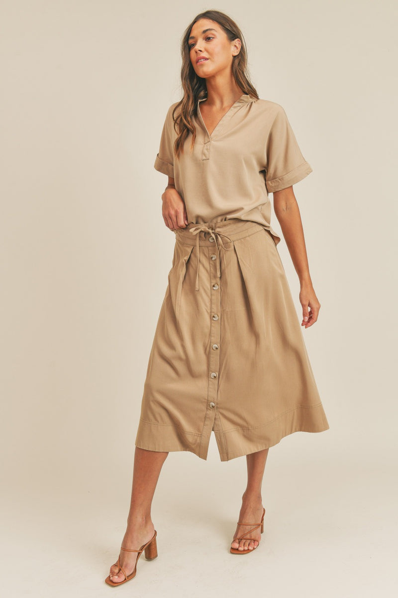 MABLE Short Sleeve Top and Button Down Midi Skirt Set