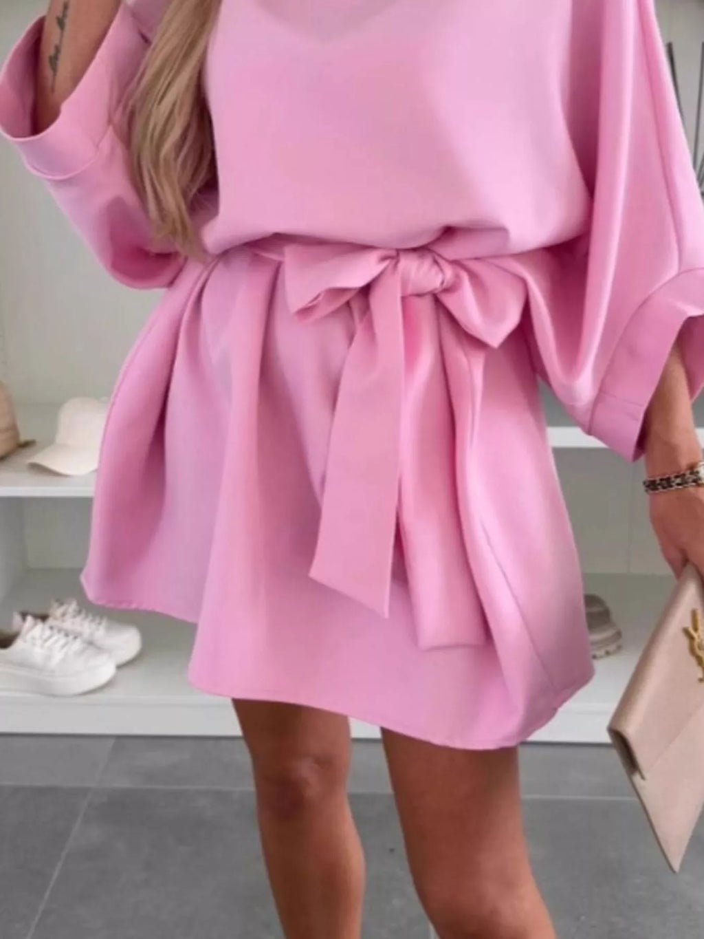 Batwing Sleeve Tie Waist Mini Dress - product image 6