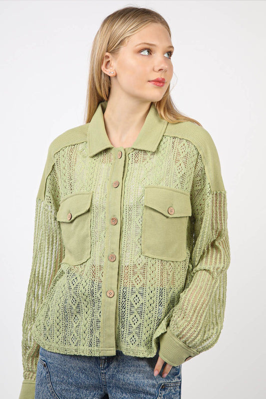 VERY J Button Up Long Sleeve Lace Shirt