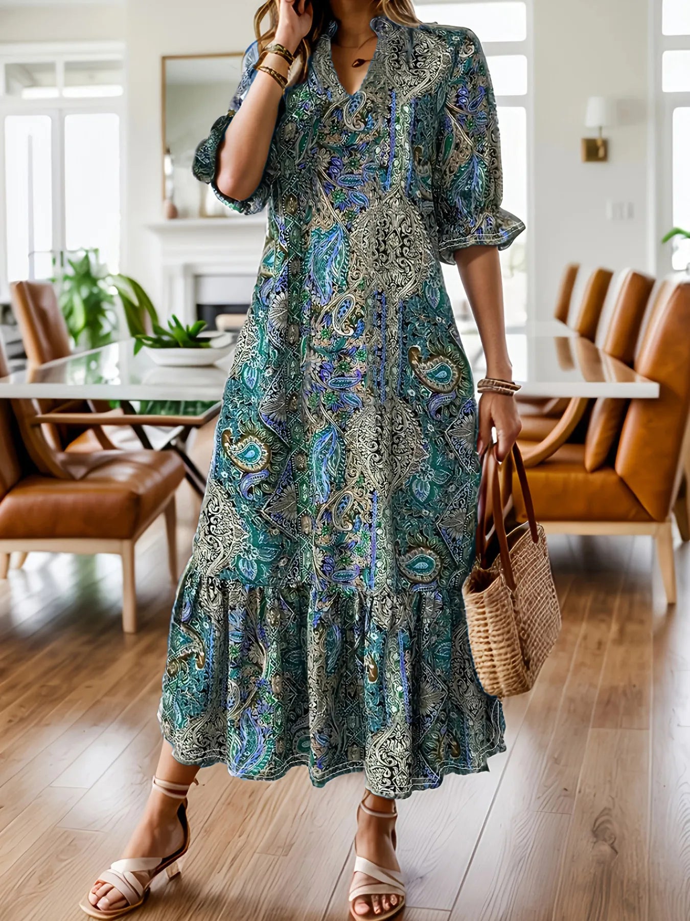 Bohemian Paisley Print Ruffle Hem Midi Dress Main image