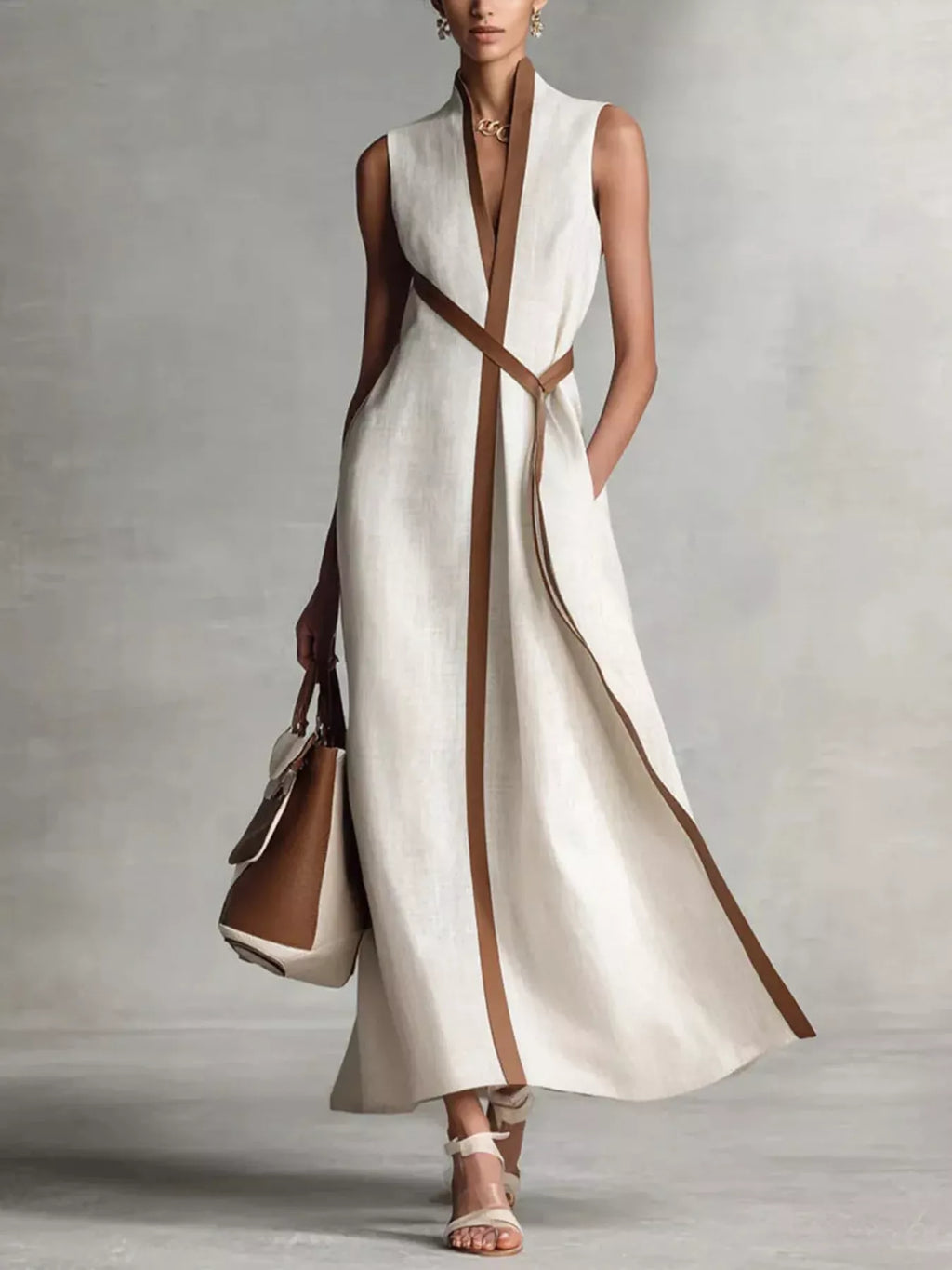 Full Size Contrast Trim Sleeveless Maxi Dress Plus Size