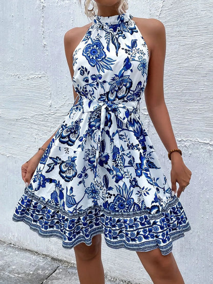 Floral Halter Neck Summer Dress with Belt view 3 - Shopiebay