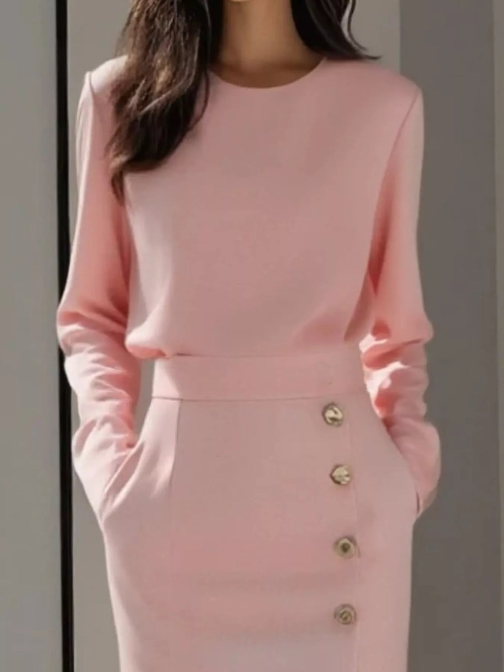 Long Sleeve Button Detail Midi Dress with Side Slit - product image 3