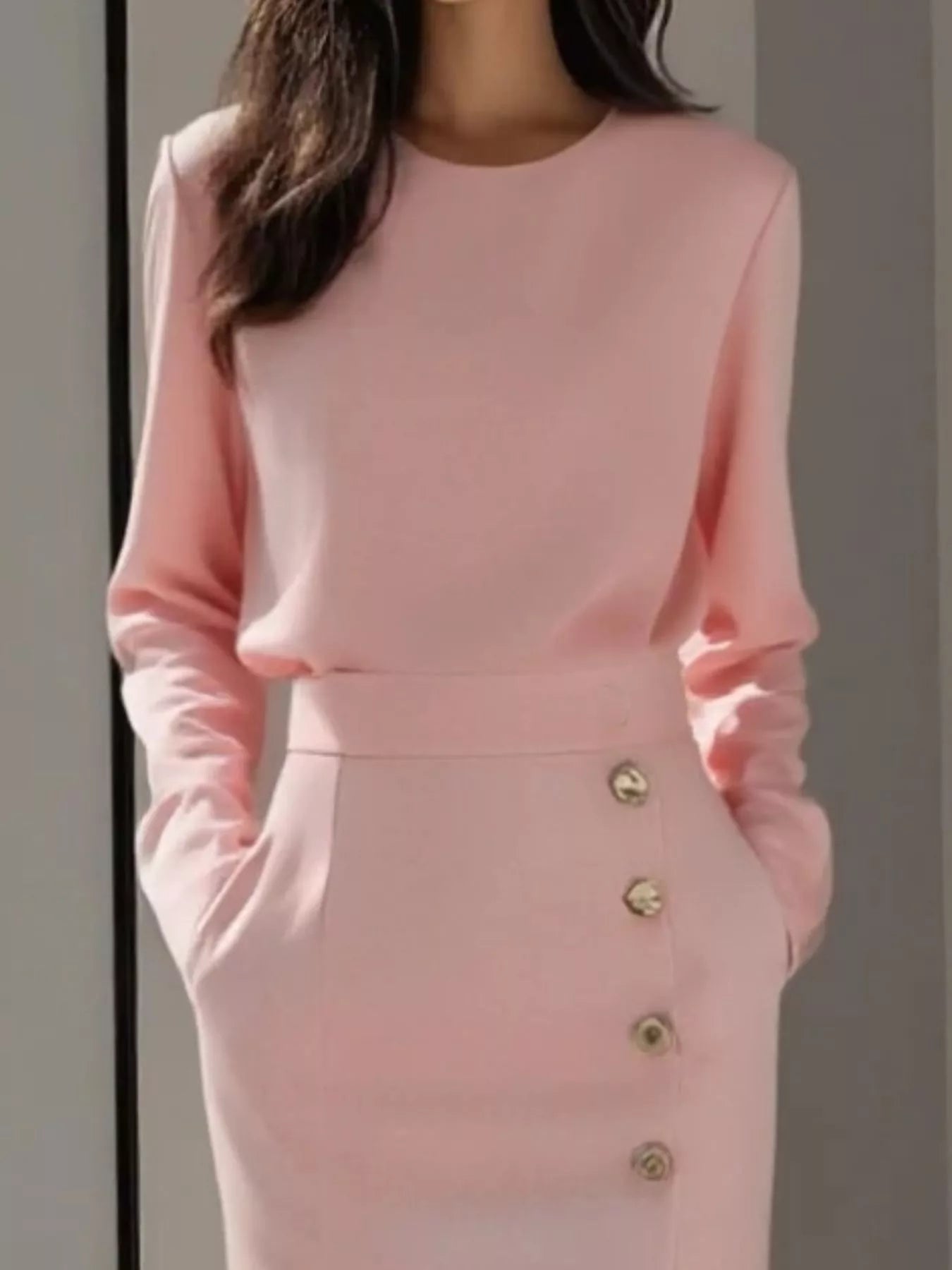 Long Sleeve Button Detail Midi Dress with Side Slit view 3 - Shopiebay