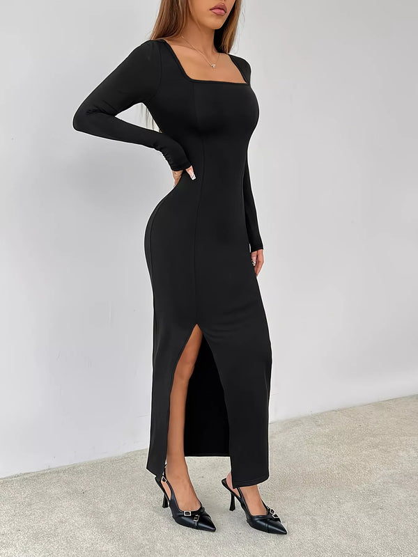 Square Neck Long Sleeve Slit Bodycon Maxi Dress - product image 4