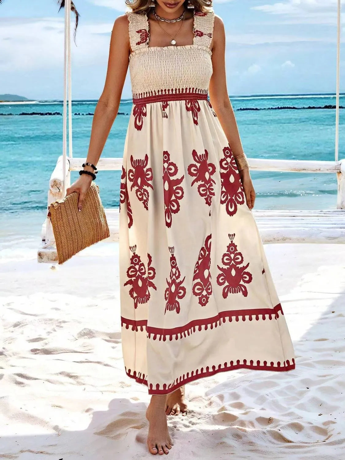 Smocked Printed Wide Strap Maxi Dress | $28