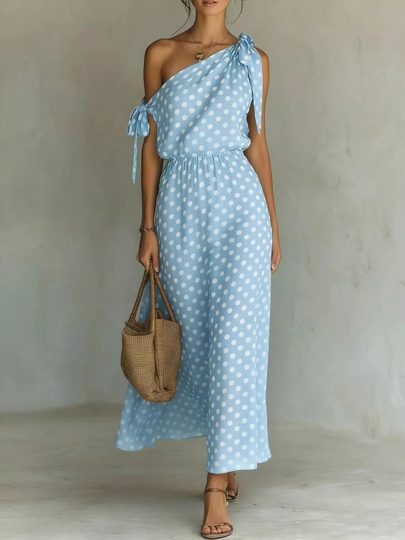 Full Size Polka Dot One-Shoulder Maxi Dress with Tie Details Plus Size - product image 3