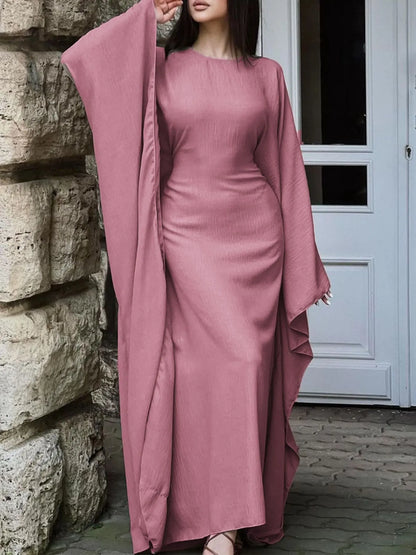 Round Neck Maxi Dress with Flowing Cape Sleeves - Shopiebay women's boutique
