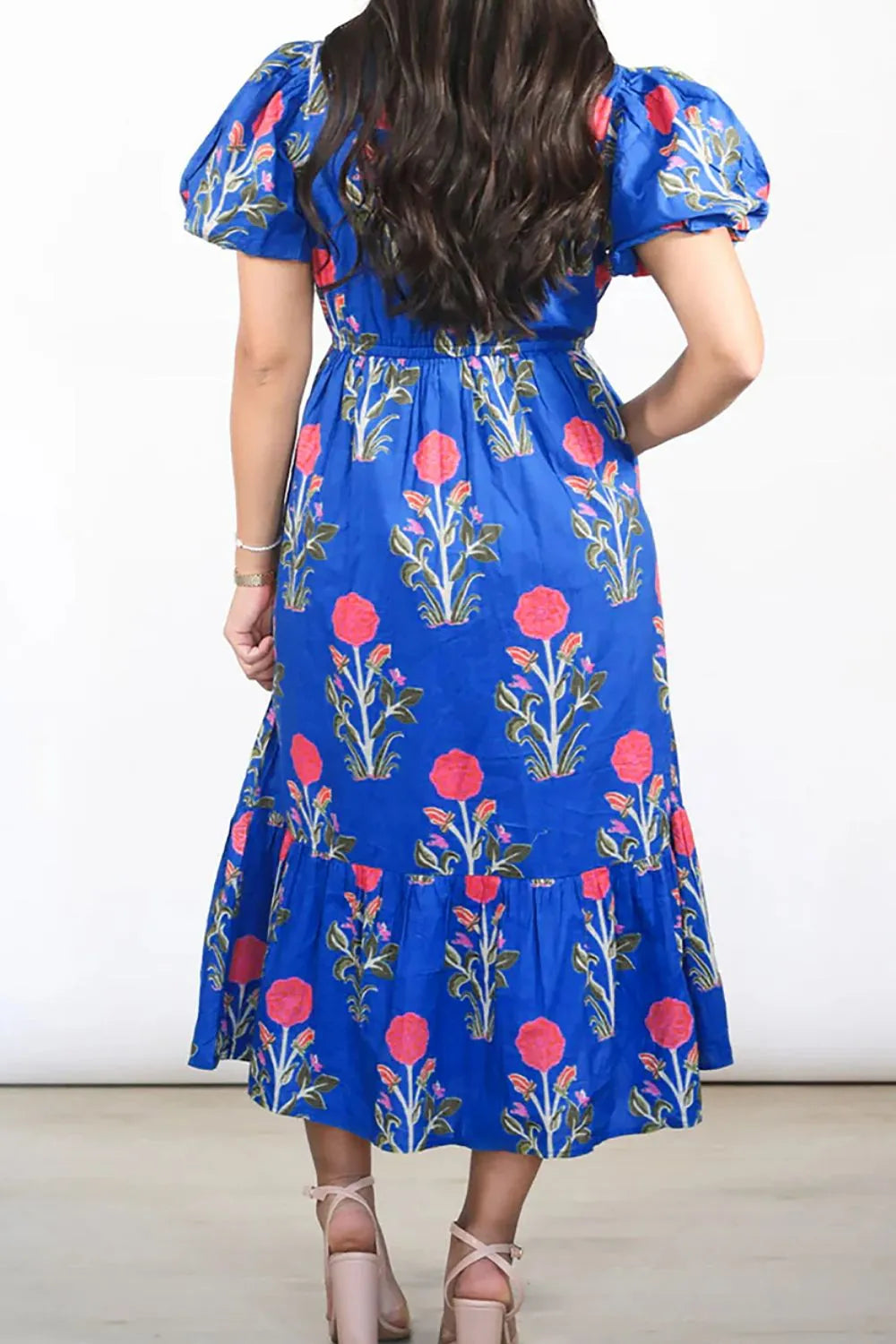 Floral Puff Short Sleeve Notched High Waist Dress - product image 3
