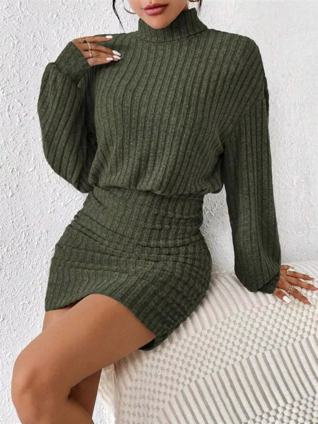 Ribbed Knit Turtleneck Bodycon Mini Dress view 7 - Shopiebay