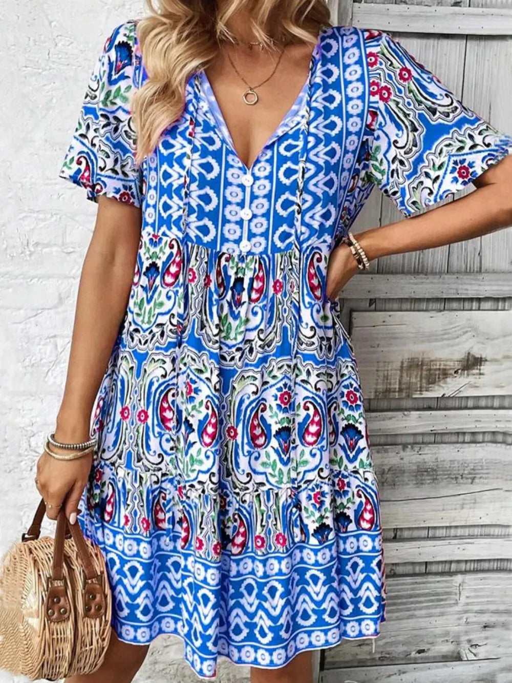 Printed Tie Neck Short Sleeve Dress - product image 13
