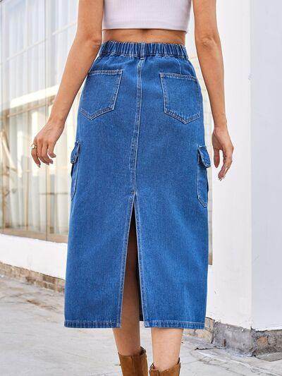Slit Midi Denim Skirt with Pockets for Stylish Comfort Secondary image