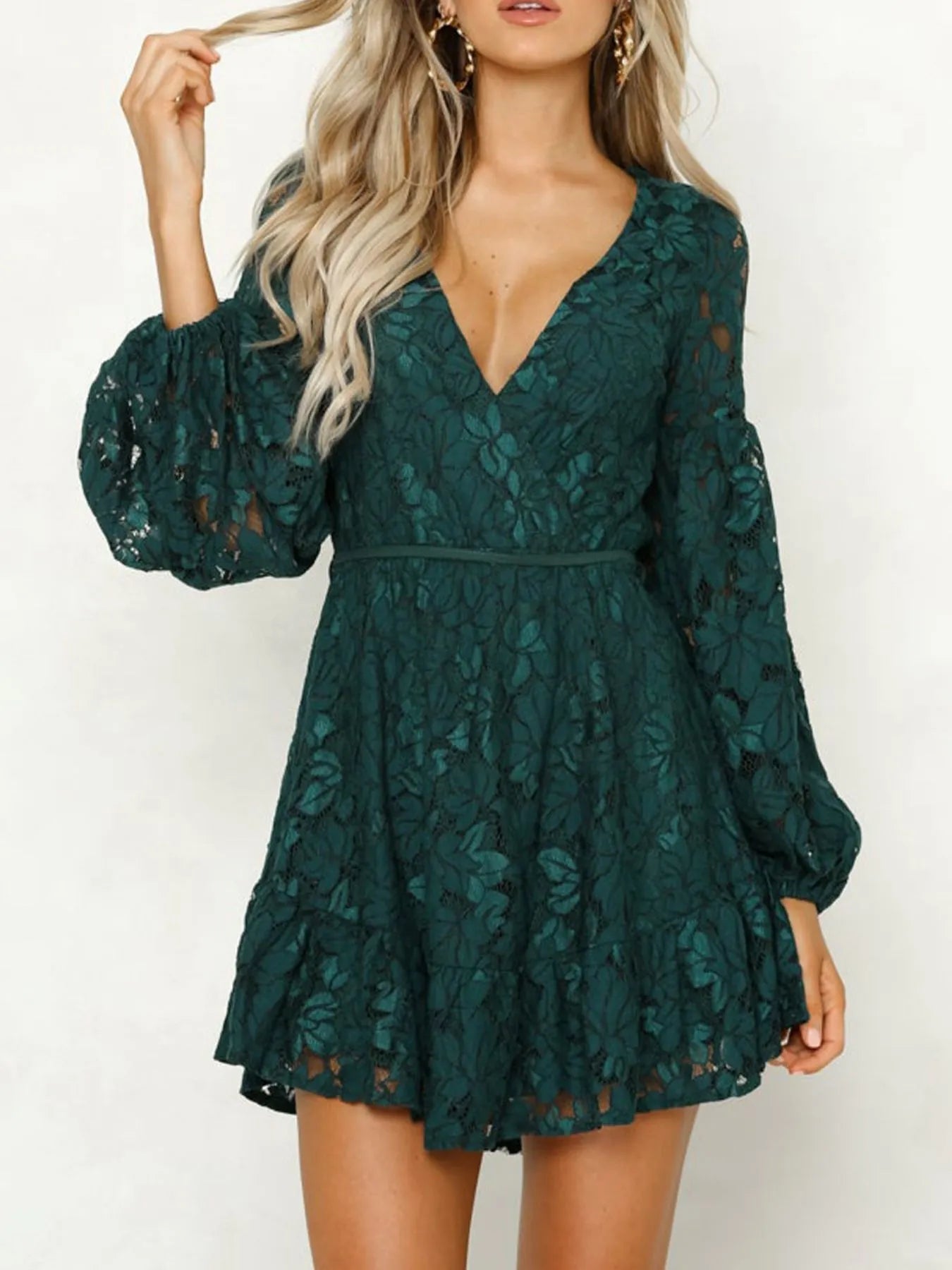 Lace V-Neck Long Sleeve Mini Dress view 2 - Shopiebay