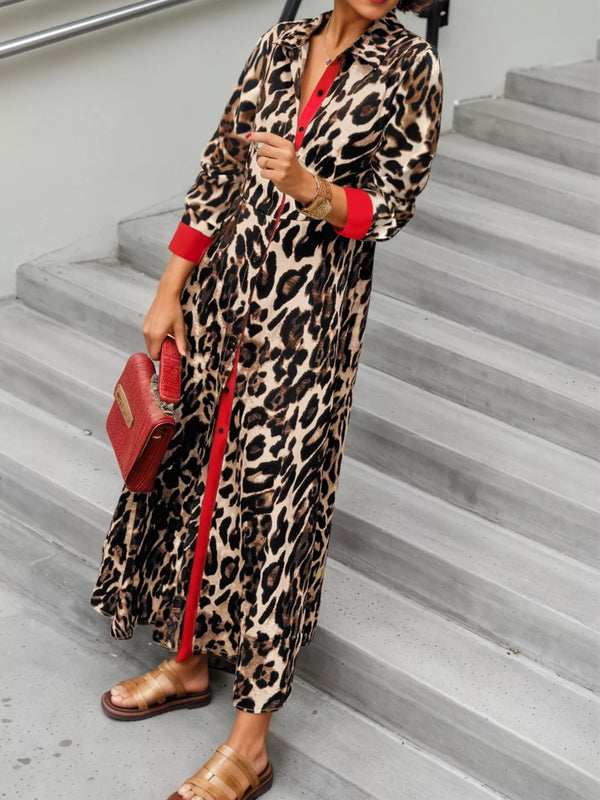 Leopard Print Long Sleeve Shirt Dress with Contrast Trim - product image 7