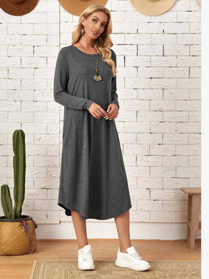Pocketed Round Neck Long Sleeve Tee Dress view 7 - Shopiebay