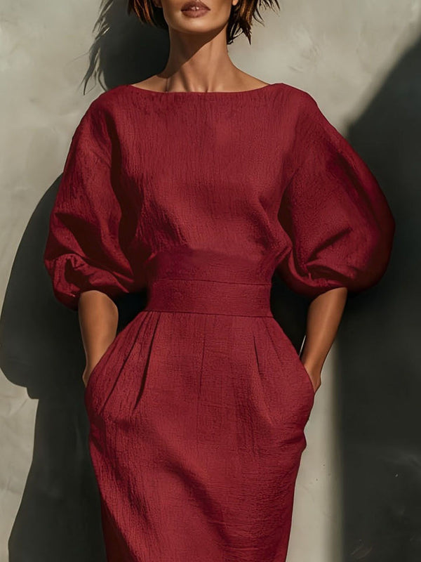 Round Neck Puff Sleeves Midi Dress - product image 6