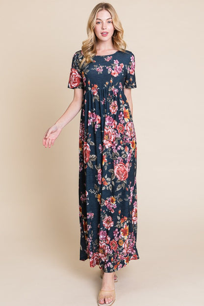 BOMBOM Floral Short Sleeve Maxi Dress