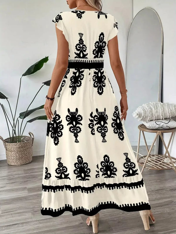 Printed V-Neck Ruffled Cap Sleeve Dress - product image 6