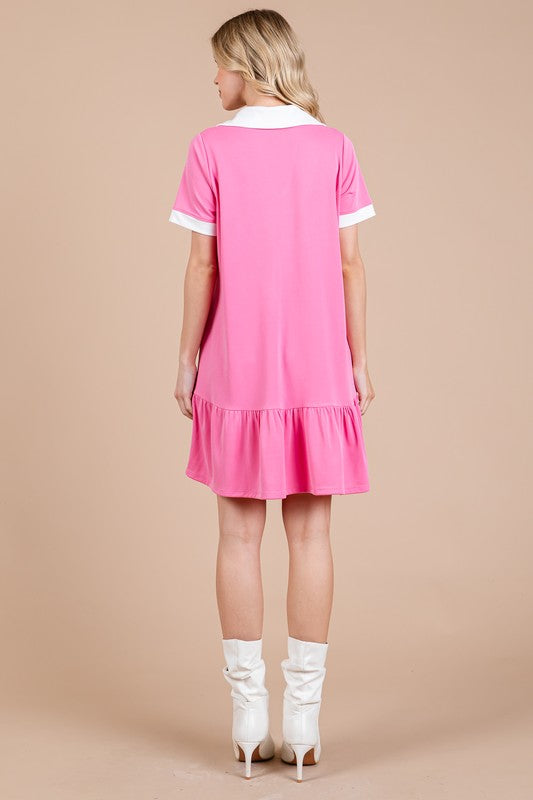 Ces Femme Ruffled Hem Johnny Collar Short Sleeve Dress