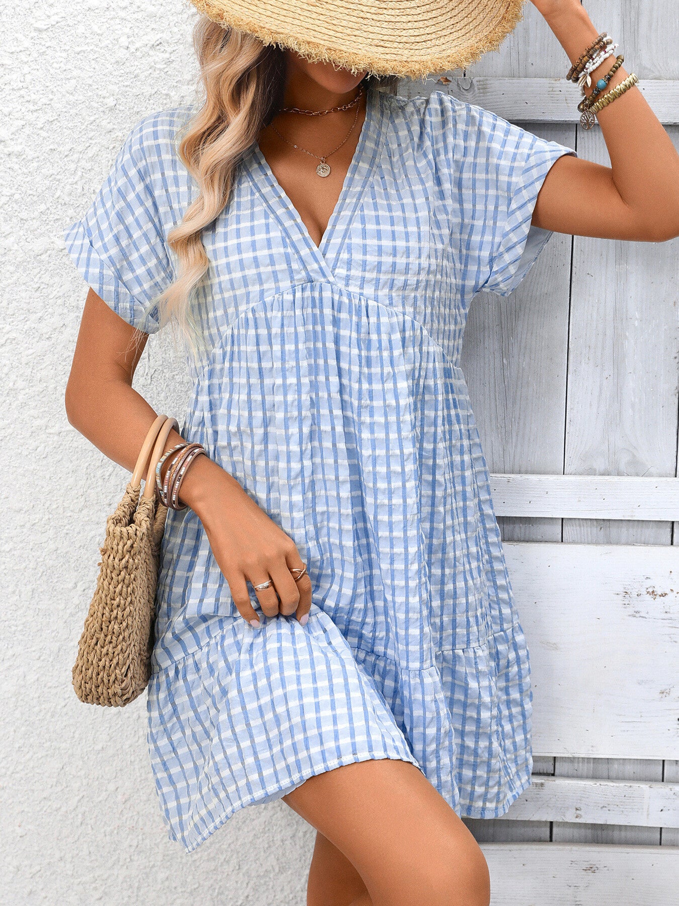 Plaid V-Neck Ruffle Hem Mini Dress - product image 4