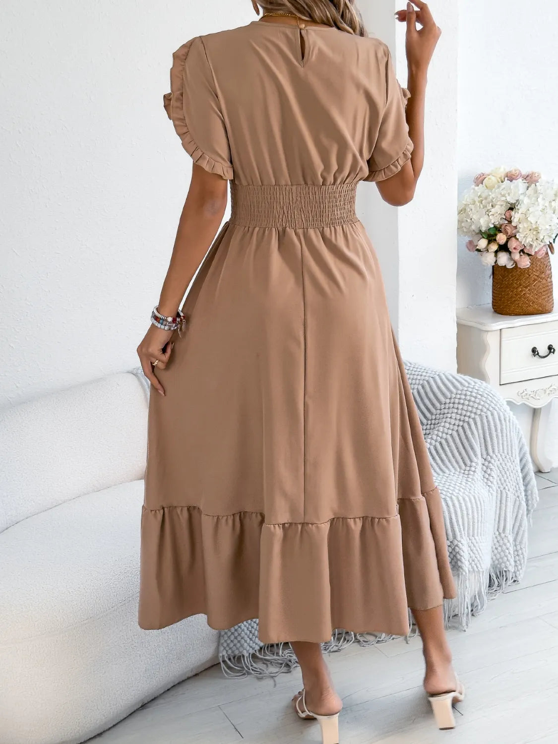 Smocked Frill Round Neck Midi Dress - product image 9