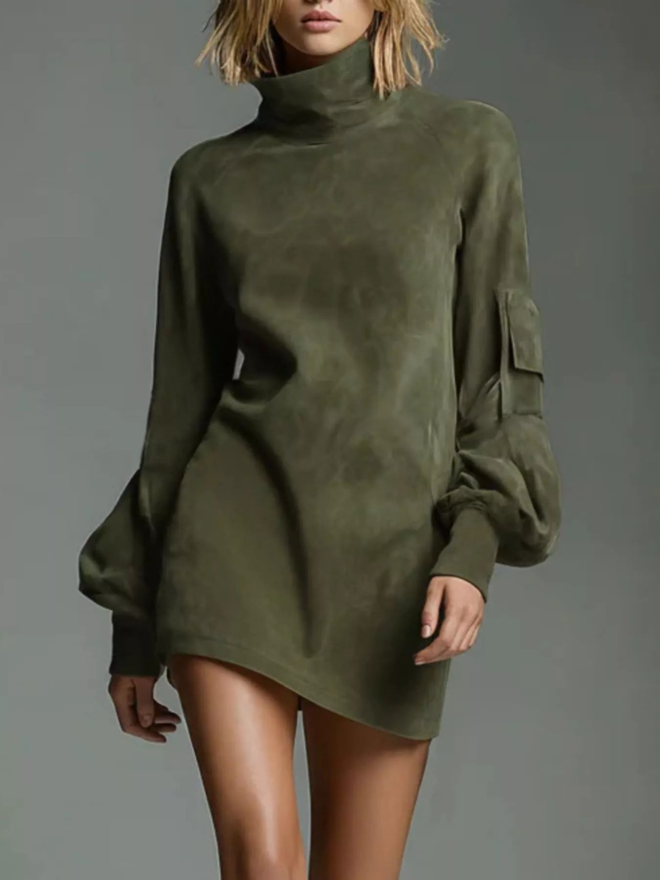 Full Size Suede Turtleneck Lantern Sleeve Mini Dress Plus Size view 6 - Shopiebay