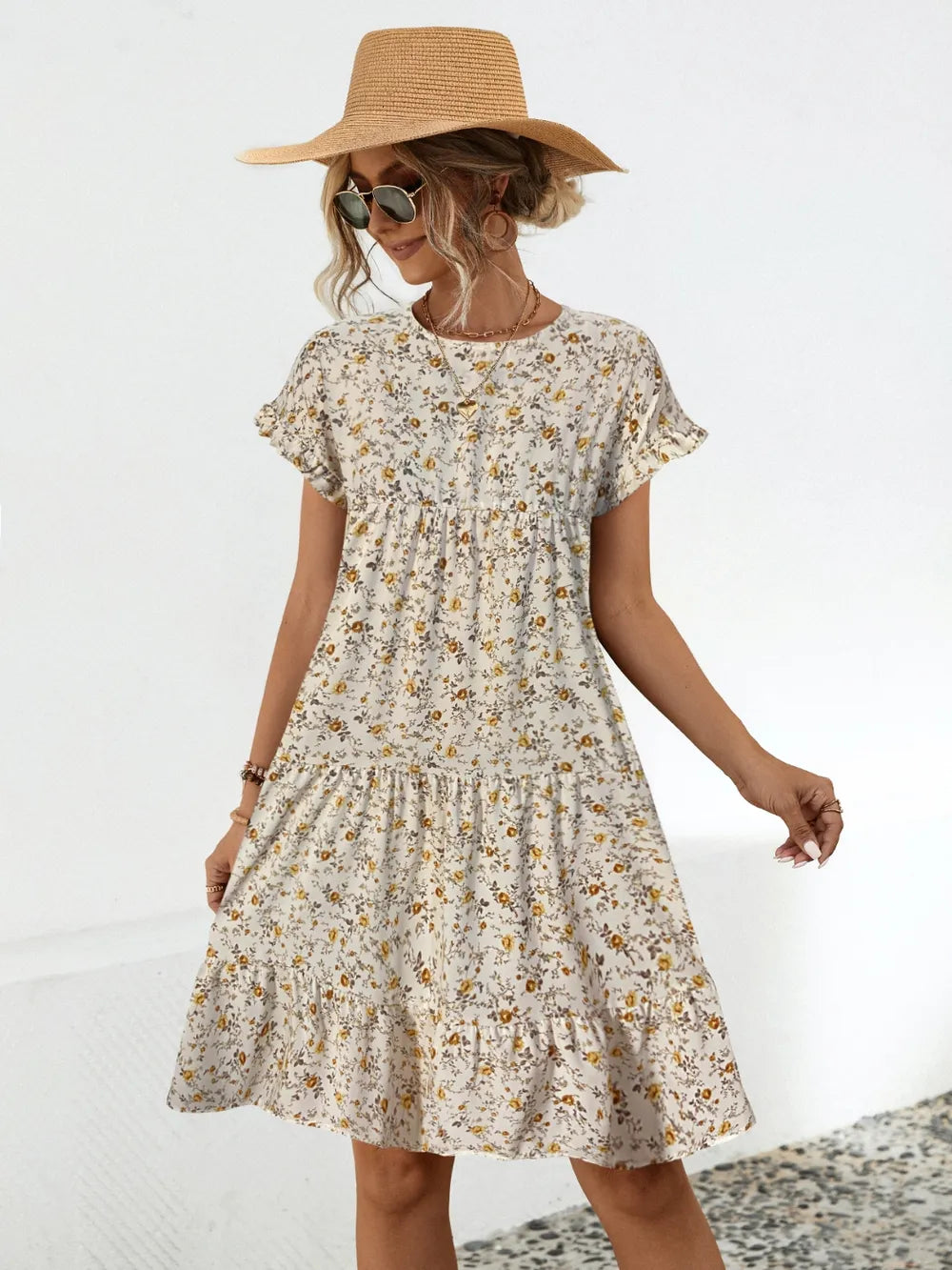 Frill Floral Round Neck Short Sleeve Tiered Dress - product image 4