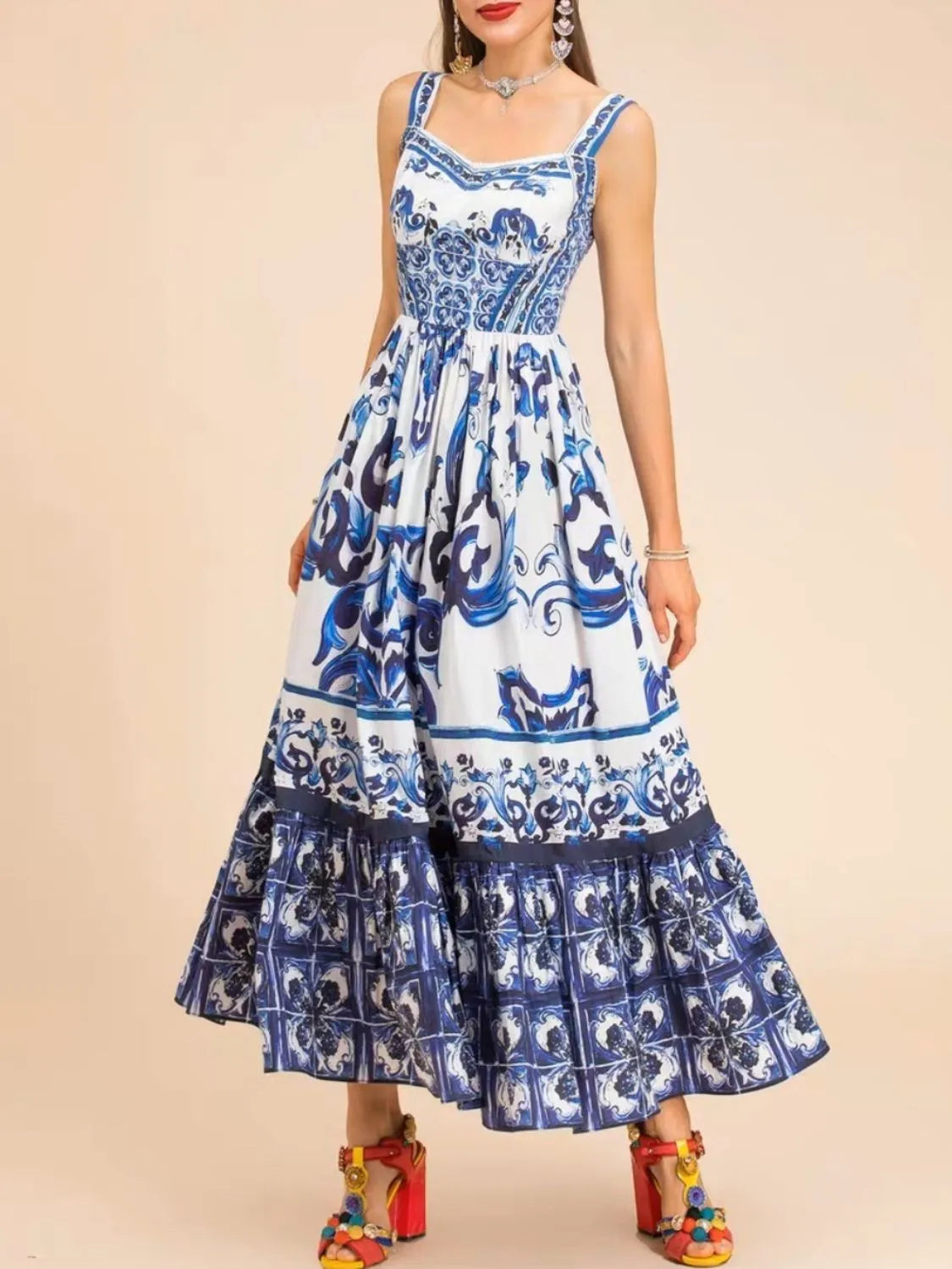 Smocked Printed Wide Strap Dress Main image