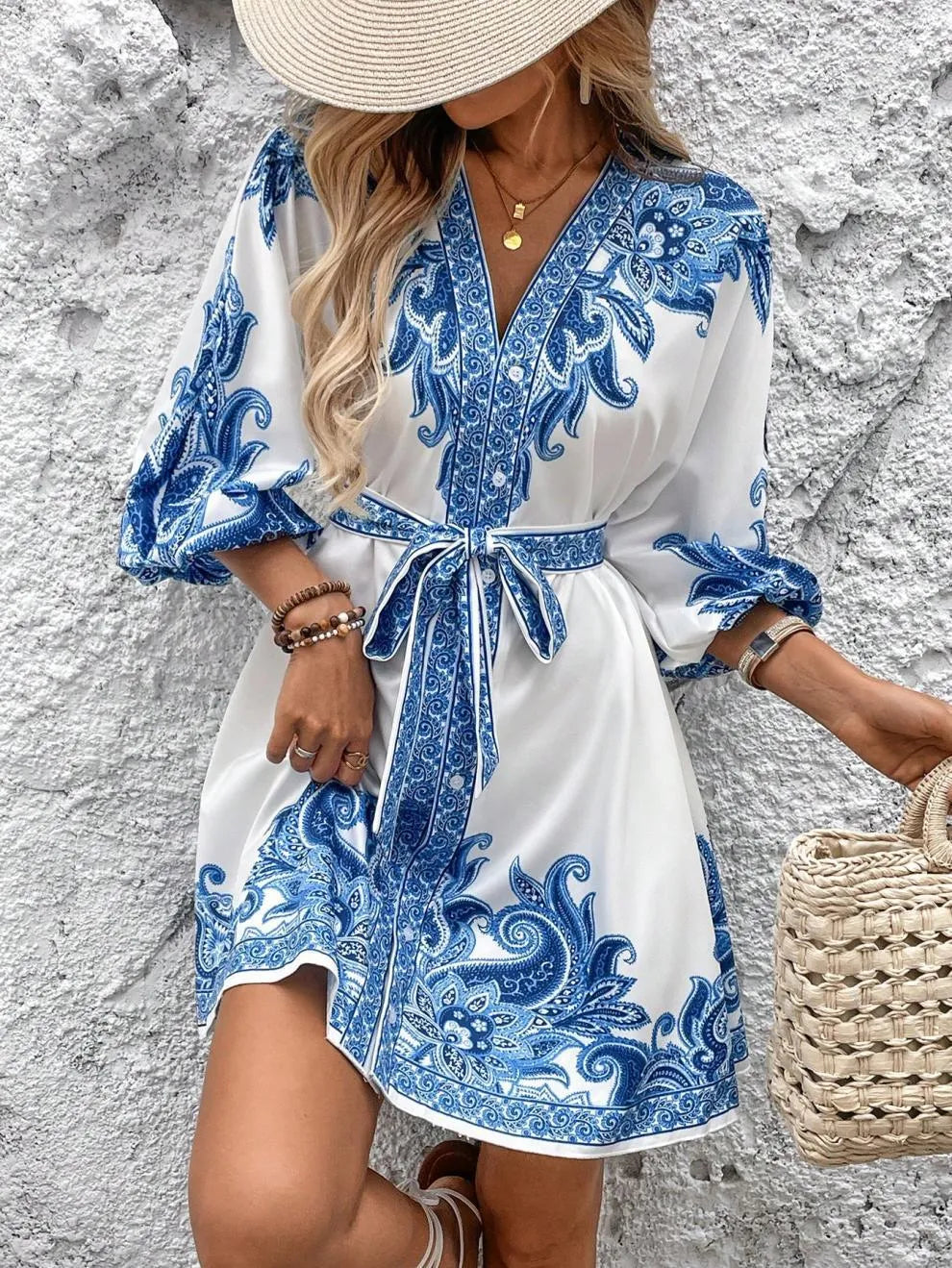 Paisley V-Neck 3/4 Sleeve Mini Dress Main image