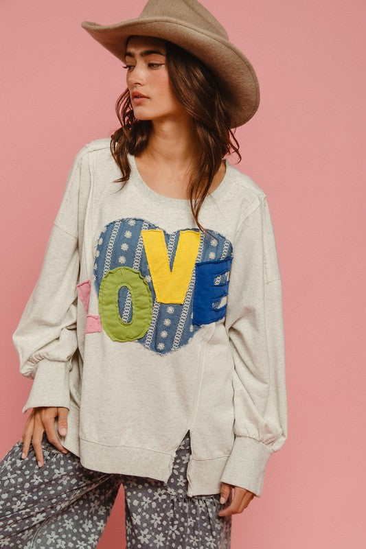 BiBi LOVE Heart Patch Slit French Terry Sweatshirt