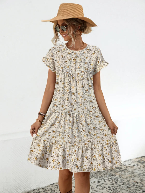 Frill Floral Round Neck Short Sleeve Tiered Dress - product image 3