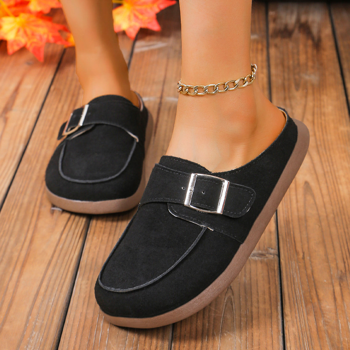 Suede Buckle Round Toe Loafers