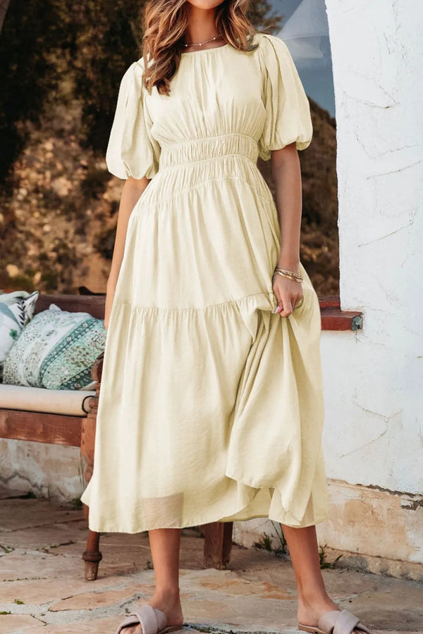 Puff Sleeve Pleated High Waist Flowy Midi Dress view 7 - Shopiebay