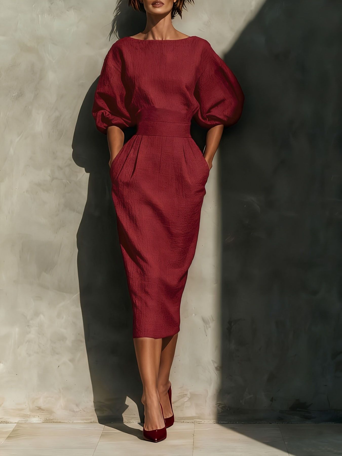 Round Neck Puff Sleeves Midi Dress - product image 5