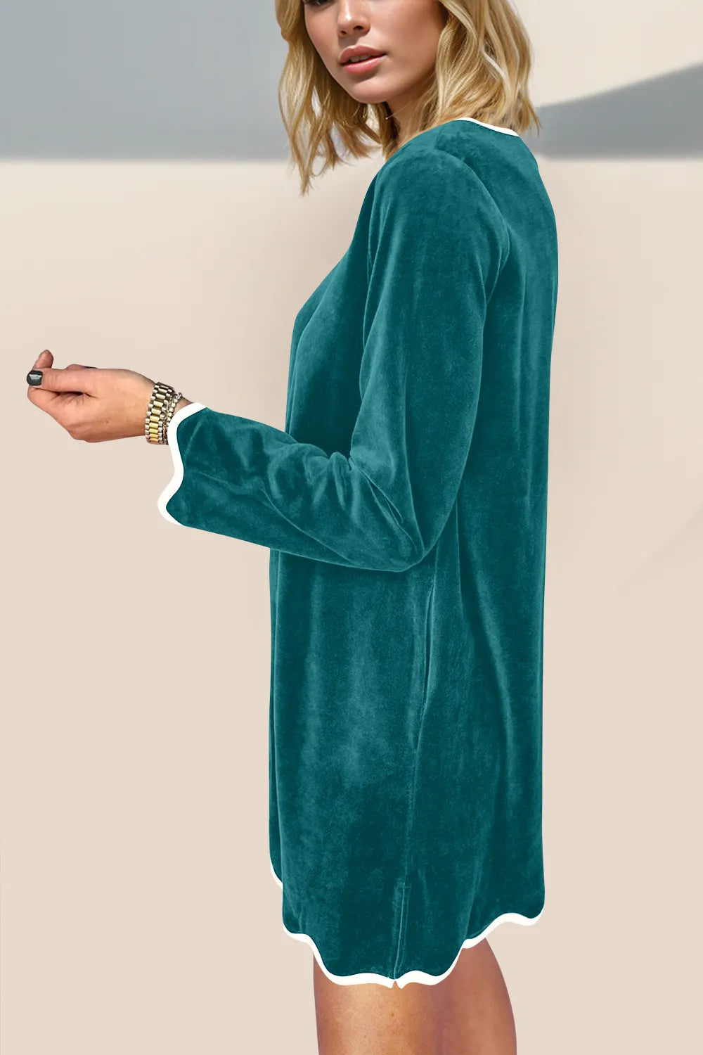 Double Take Wave Contrast Trim V-Neck Zip Up Long Sleeve Mini Dress view 7 - Shopiebay